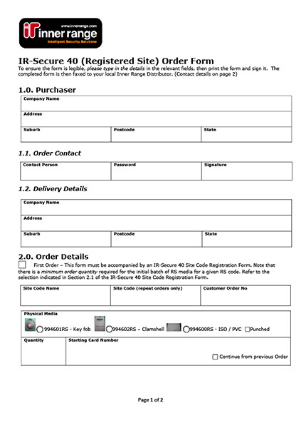 IR-Secure 40 (Registered Site) Order Form